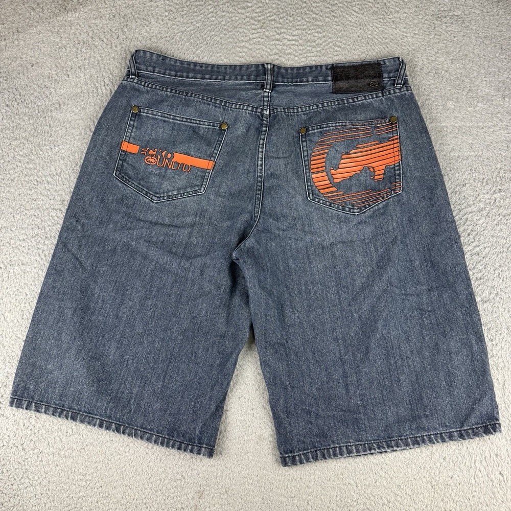 Y2K Ecko Unltd Shorts Size 40 Dark Midnight Blue Color Back Pocket Logo Baggy